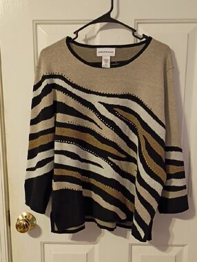 Alfred Dunner Beige Black Metallic Zebra-Print Sweater